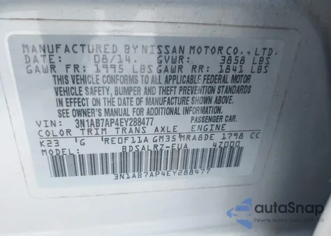 2014 Nissan Sentra Sr z USA, uszkodzony, nr VIN 3N1AB7AP4EY288477